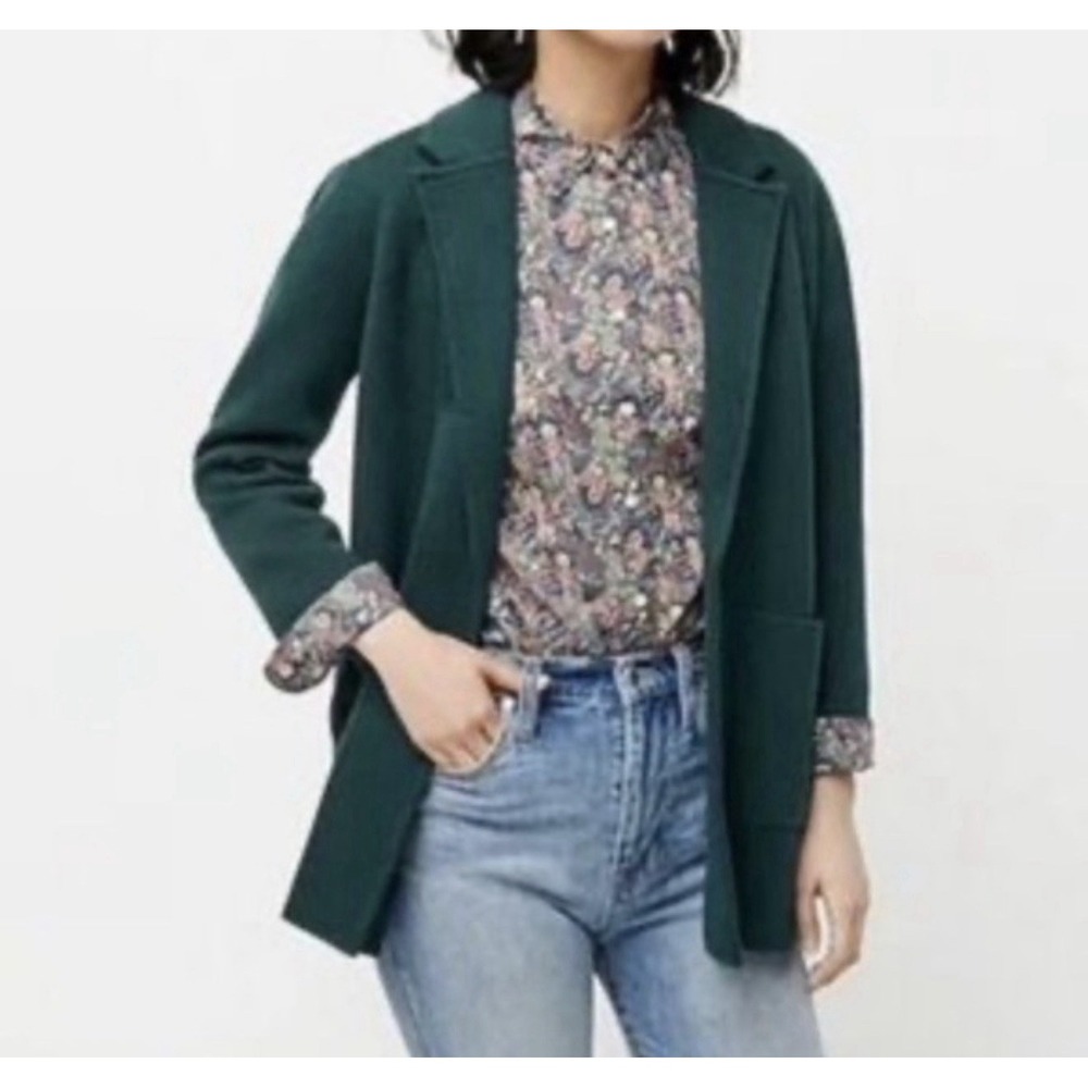J.Crew Womens S Green Sweater Blazer Knit Jacket Open Front Career Cotton Wool